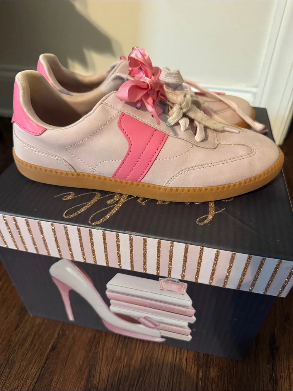 wonder nation Pink Suede Sneakers with Pink Satin Ribbon Laces